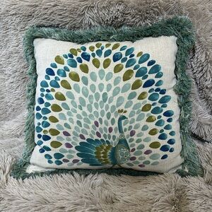 PIER 1 PEACOCK FRINGE DECORATIVE THROW PILLOW NWT